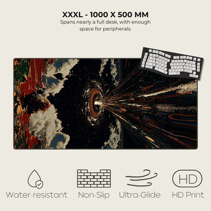 Large desk mat with space-themed design and keyboard, featuring text and icons indicating product features.