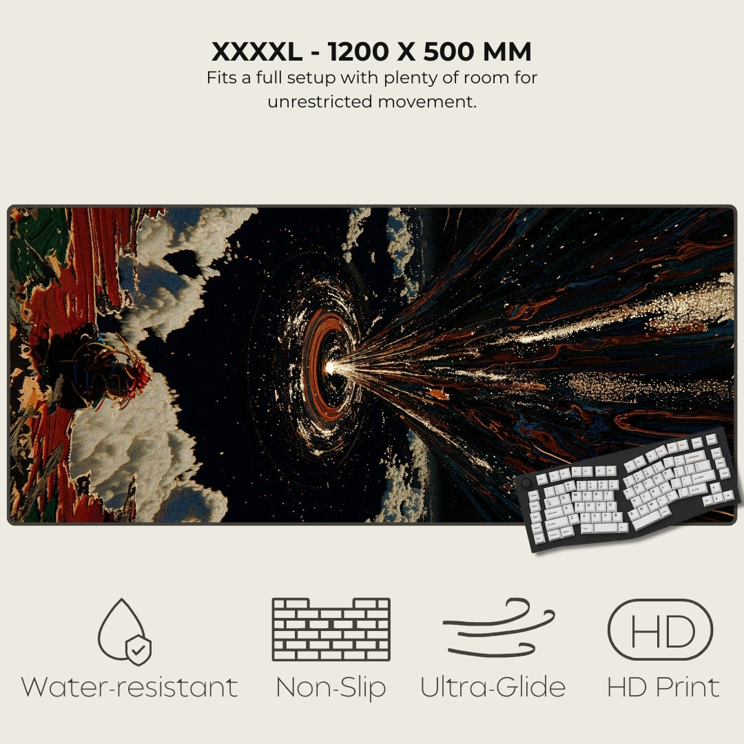 Gaming mouse pad with space-themed design and keyboard, featuring text and icons indicating product features.