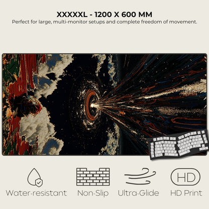 Large mouse pad with space-themed design and product features listed.