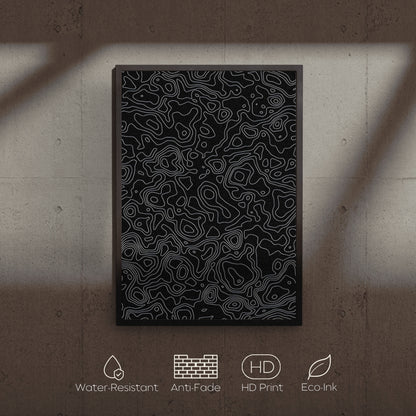 Black and white patterned poster on a textured wall with feature icons at the bottom.