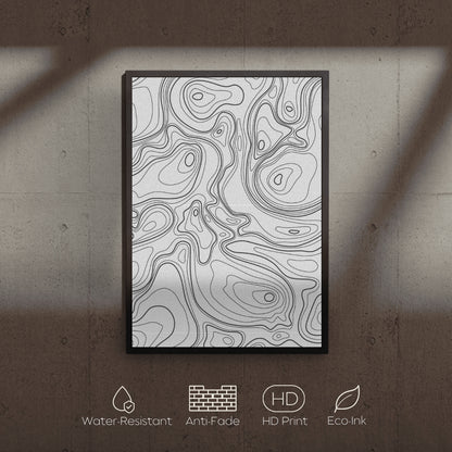 Framed topographic map art on a textured wall with feature icons below.