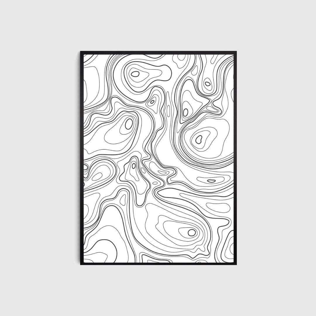 Framed artwork with abstract black and white pattern on a light gray background