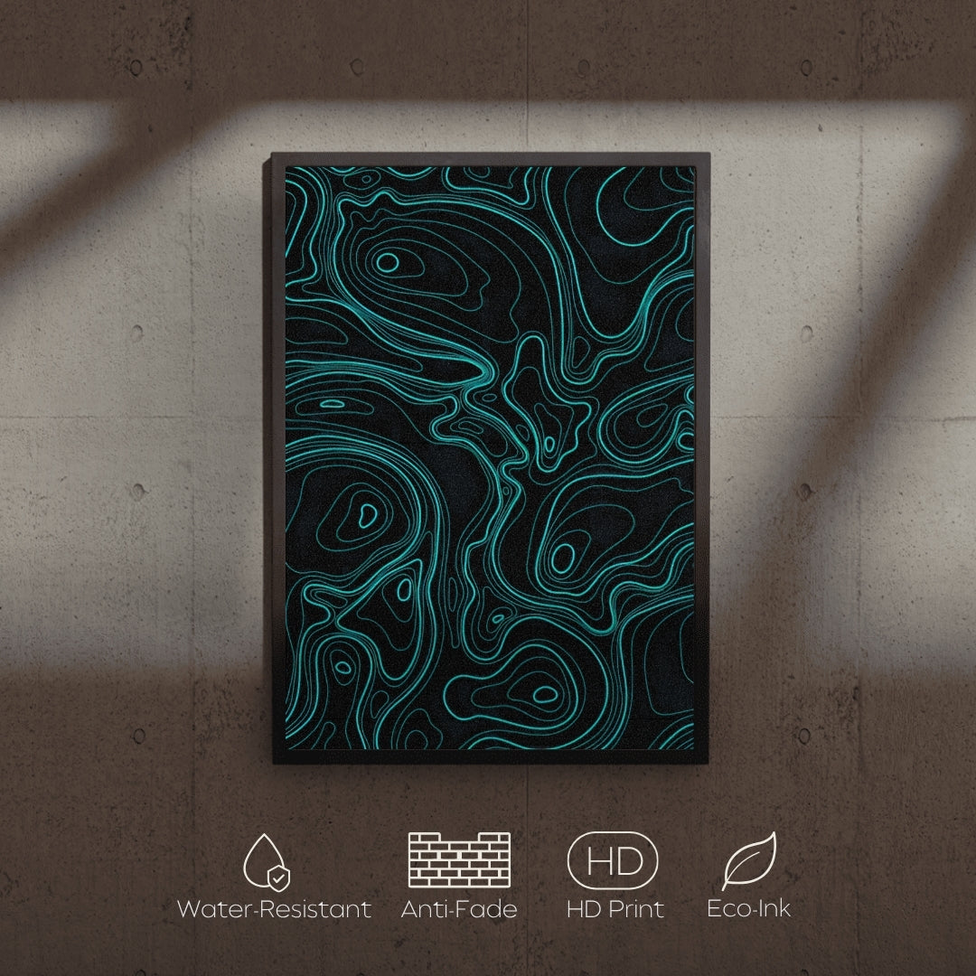 Framed abstract artwork with wavy blue lines on a dark background, displayed on a textured wall.