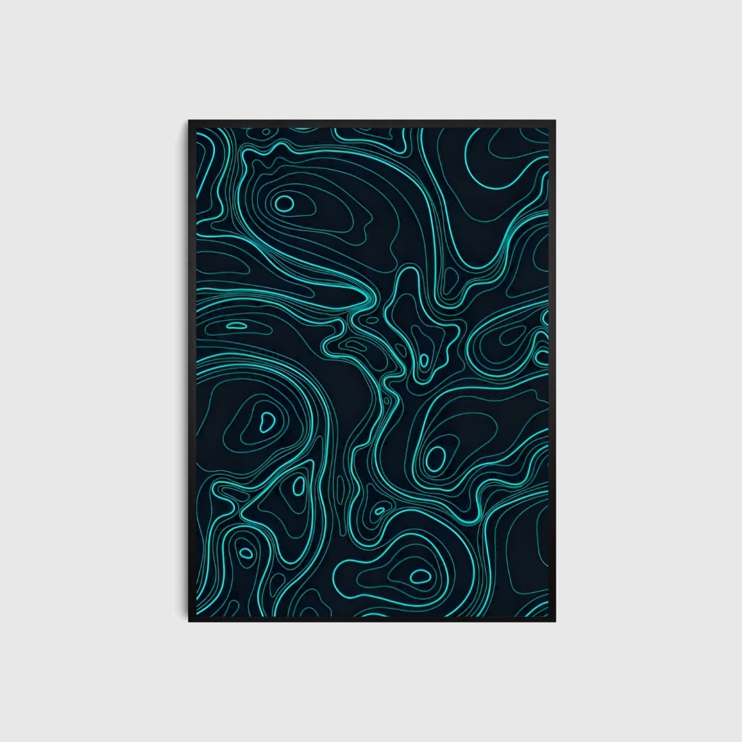Abstract art print with blue and black pattern on a white background