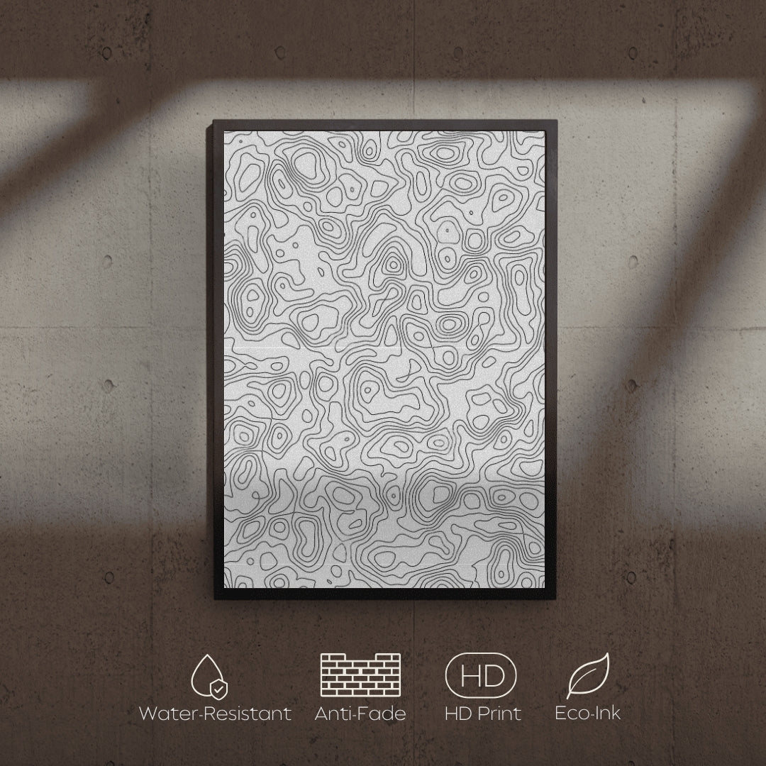 Framed abstract pattern on a textured wall with feature icons below.