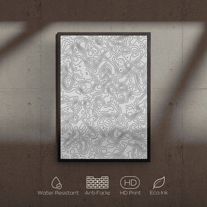 Framed abstract pattern on a textured wall with feature icons below.