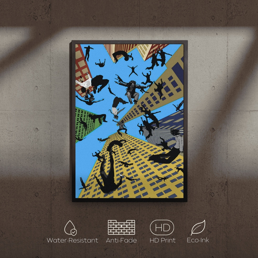 Framed artwork of a cityscape with people on buildings against a blue sky.