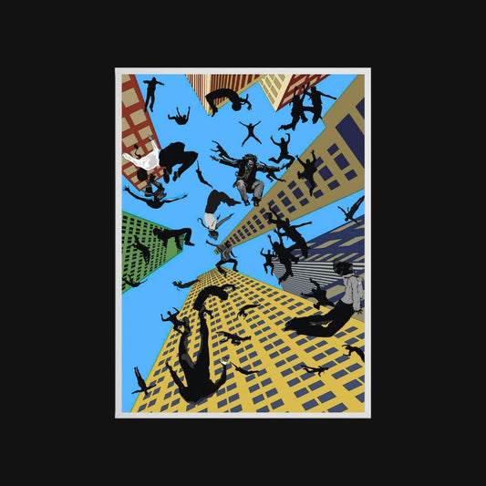 Illustration of people falling from a building on a black background