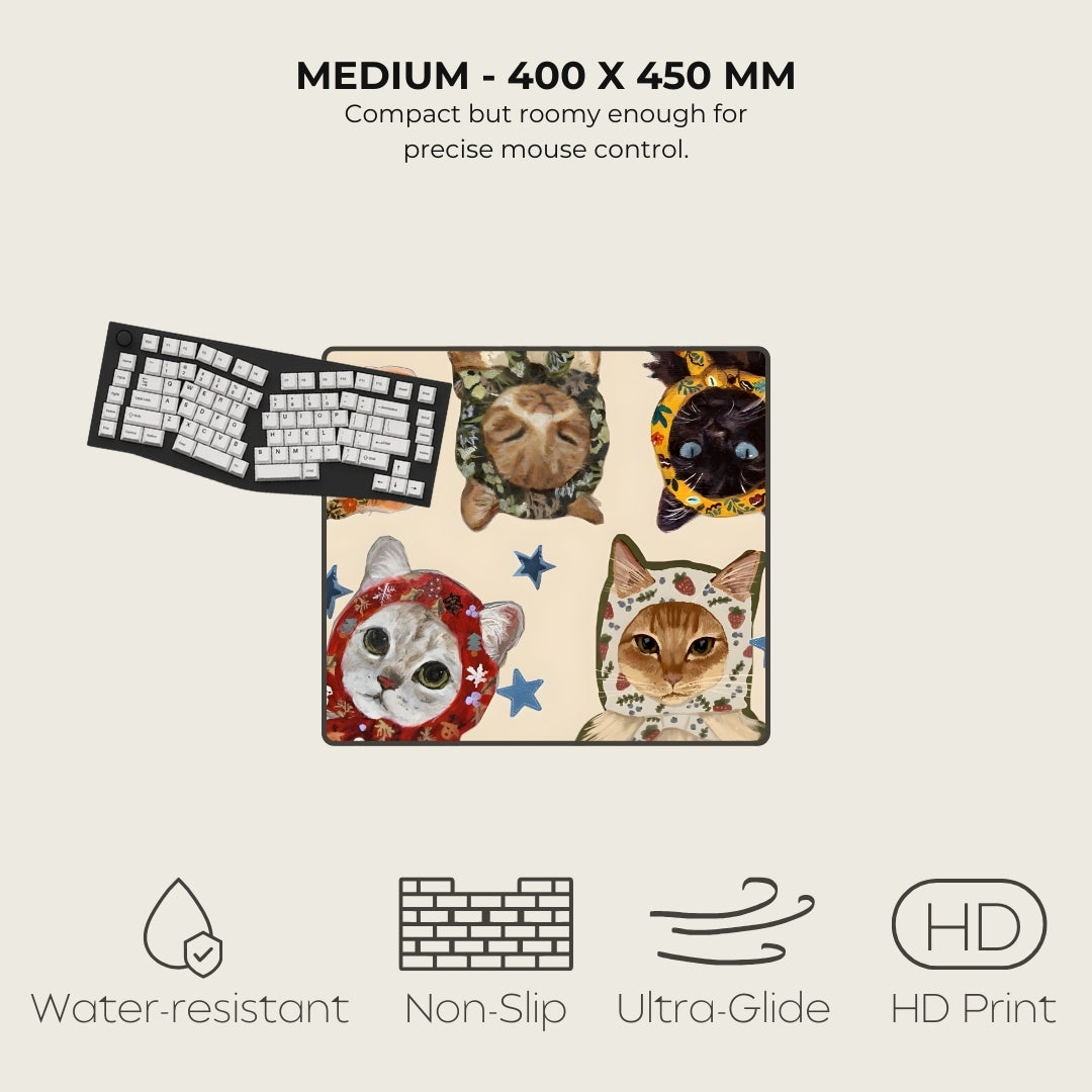 Mouse pad with cat designs and product specifications on a beige background