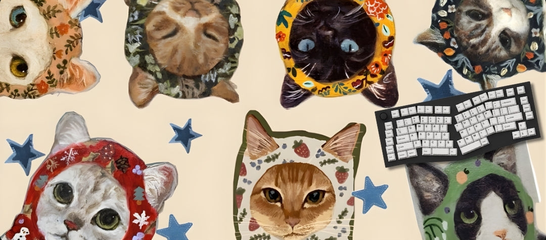 Pattern of cats with various balaclavas on a beige background