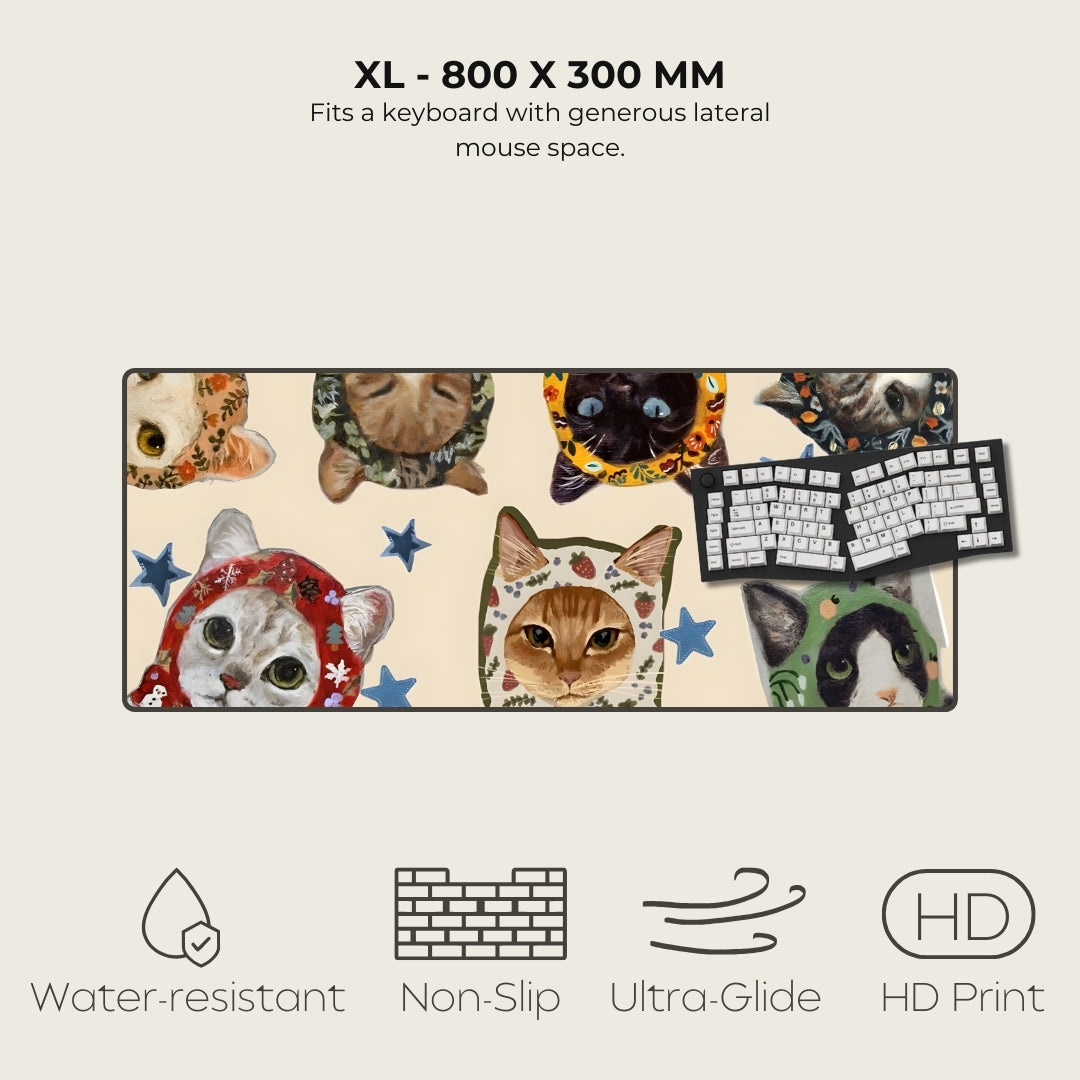 Cat-themed mouse pad with various cat illustrations on a beige background, featuring text and icons indicating product features.