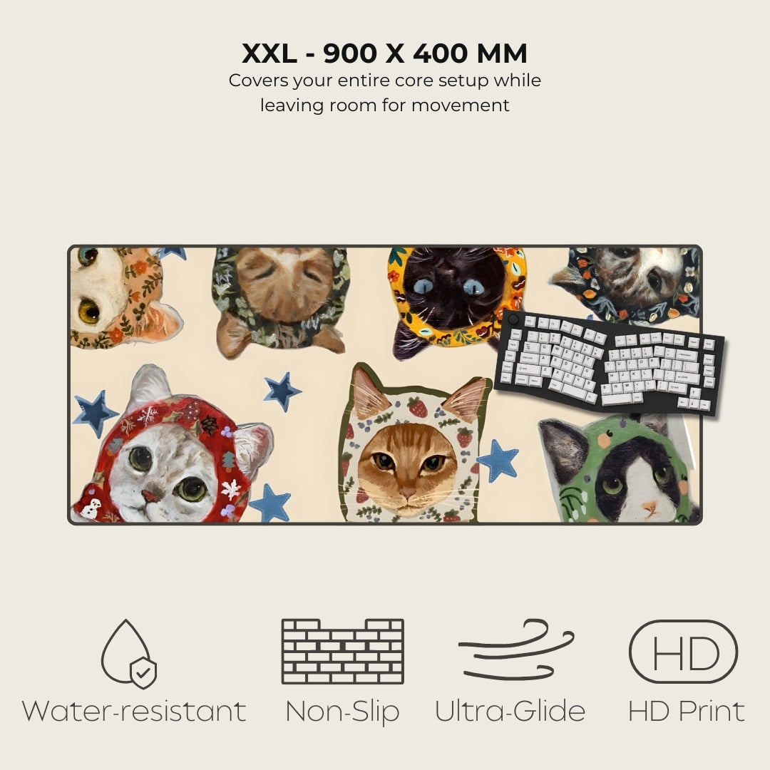 Cat-themed mouse pad with various cat illustrations on a beige background, featuring text about size and product features.