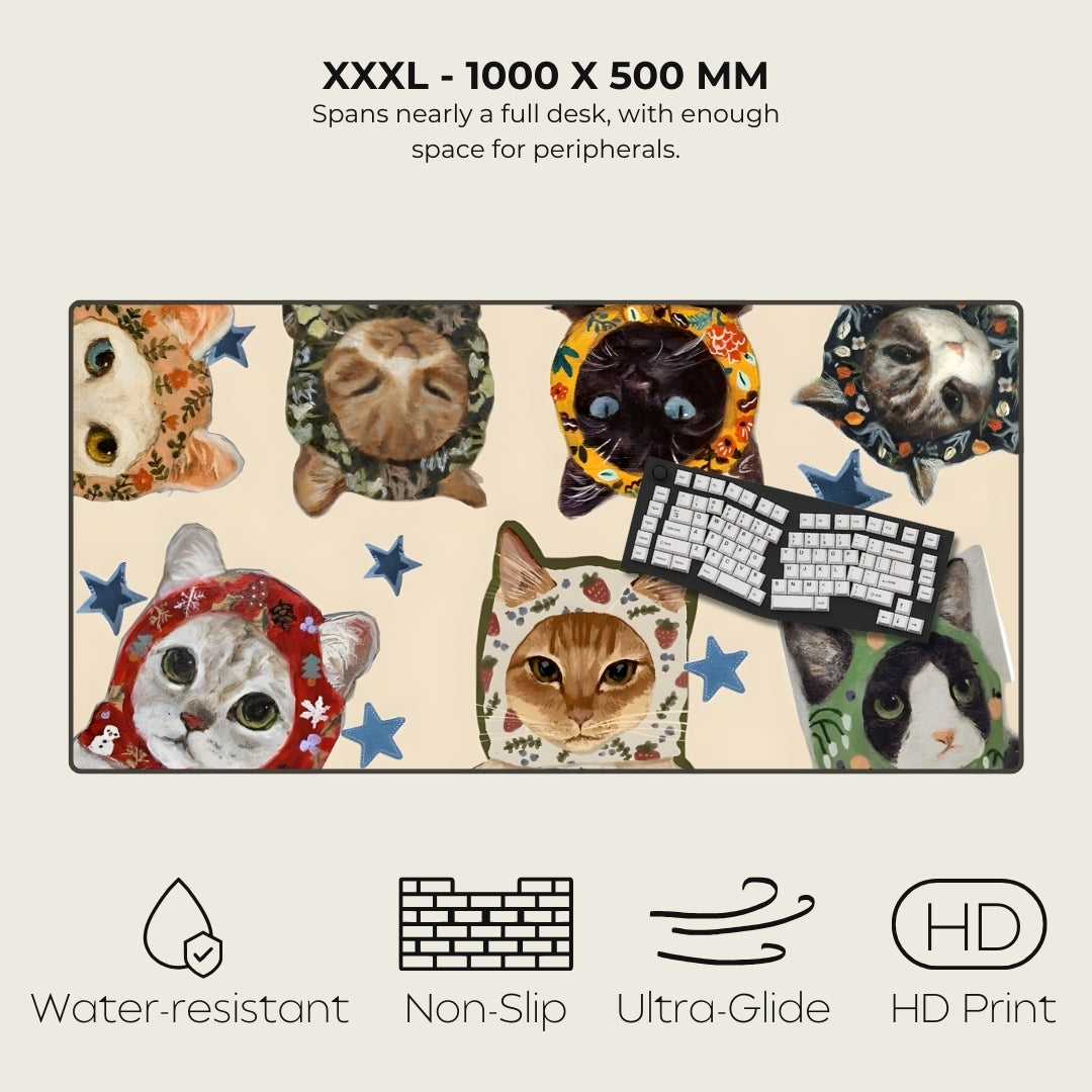 Large desk mat with cat designs and product features listed.