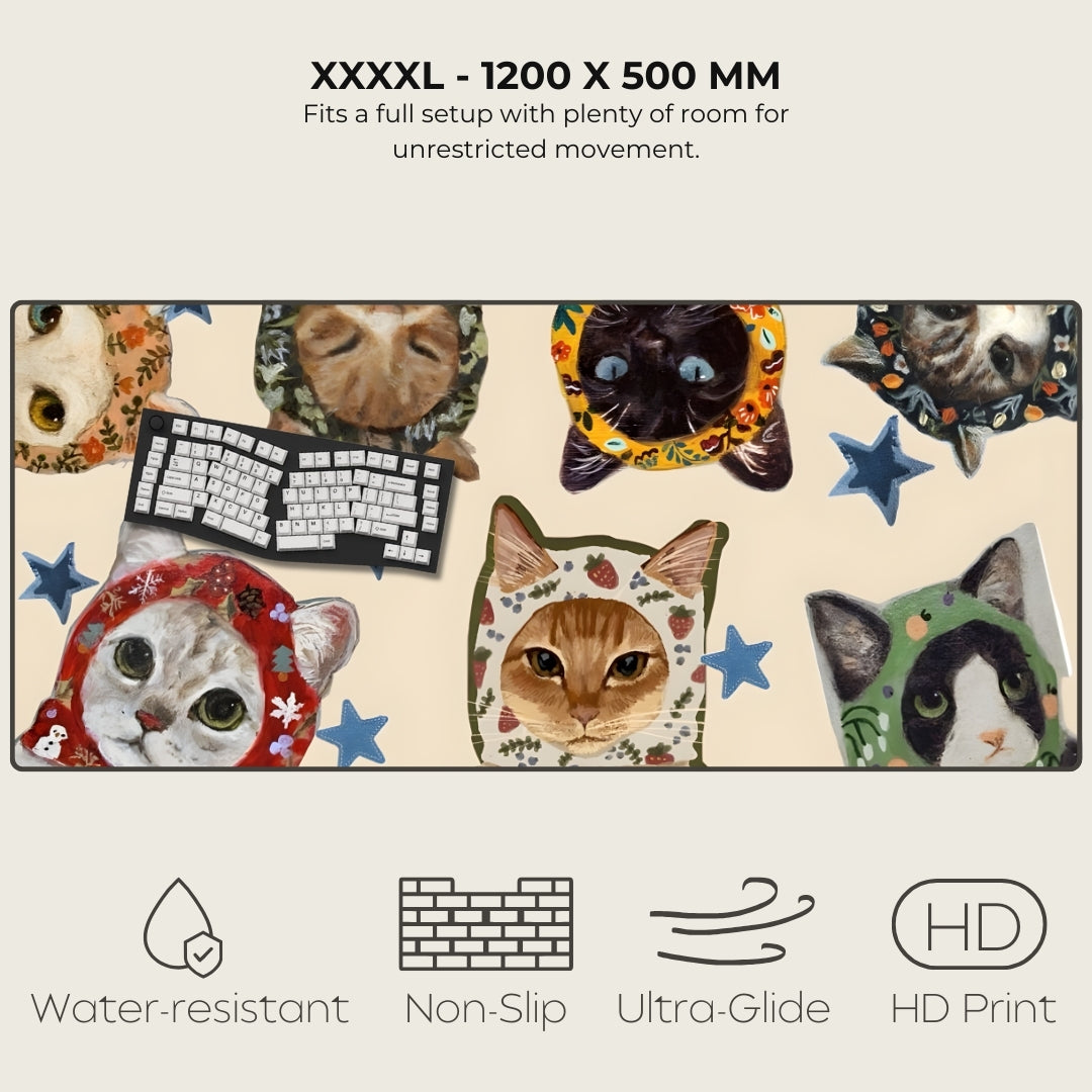 Large mouse pad with cat designs and product features listed.