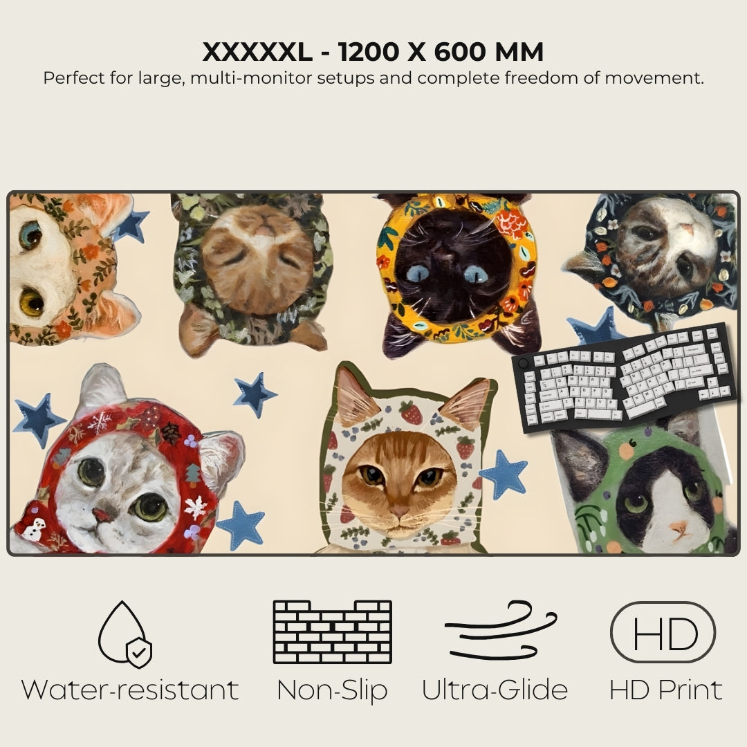 Large mouse pad with cat-themed design and product features listed.