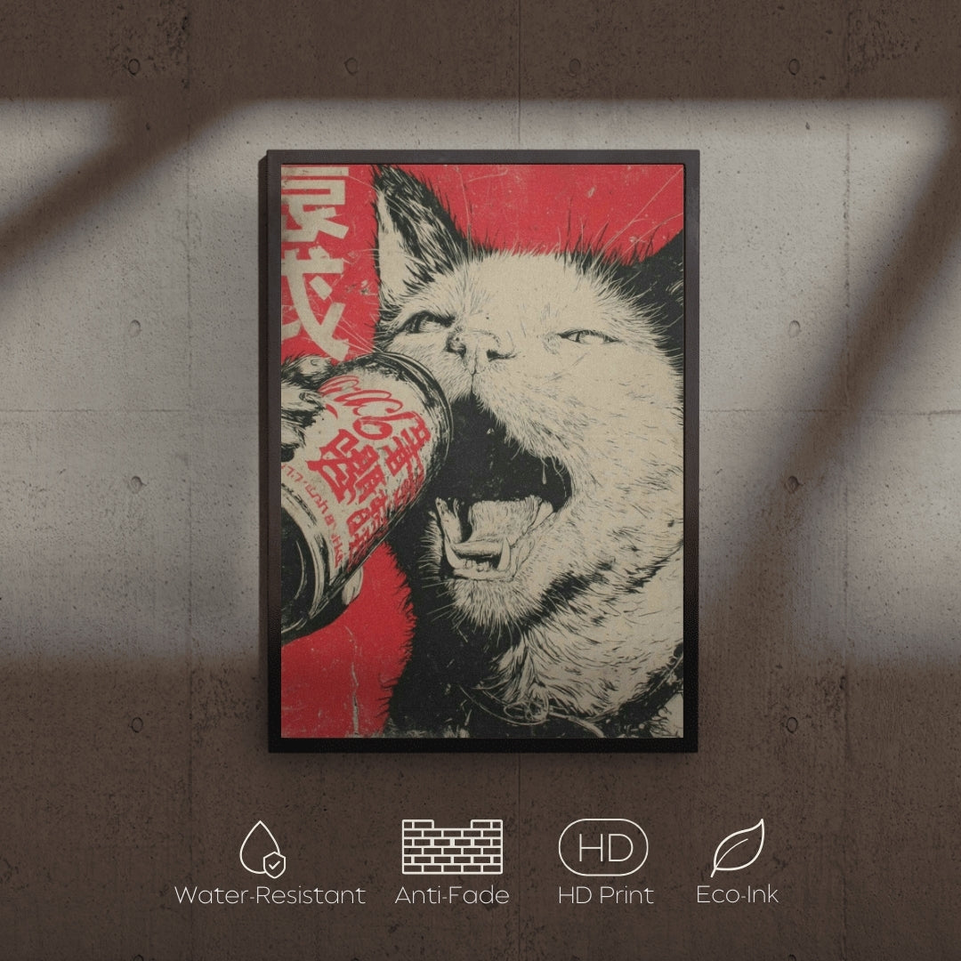 Framed artwork of a cat with a can on a textured wall