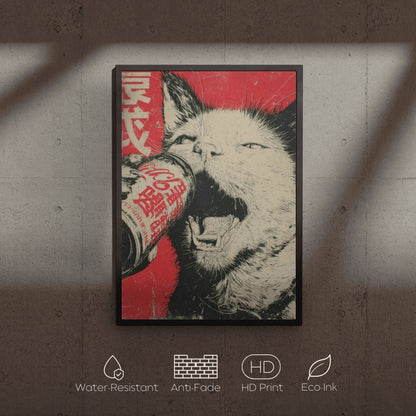Framed artwork of a cat with a can on a textured wall