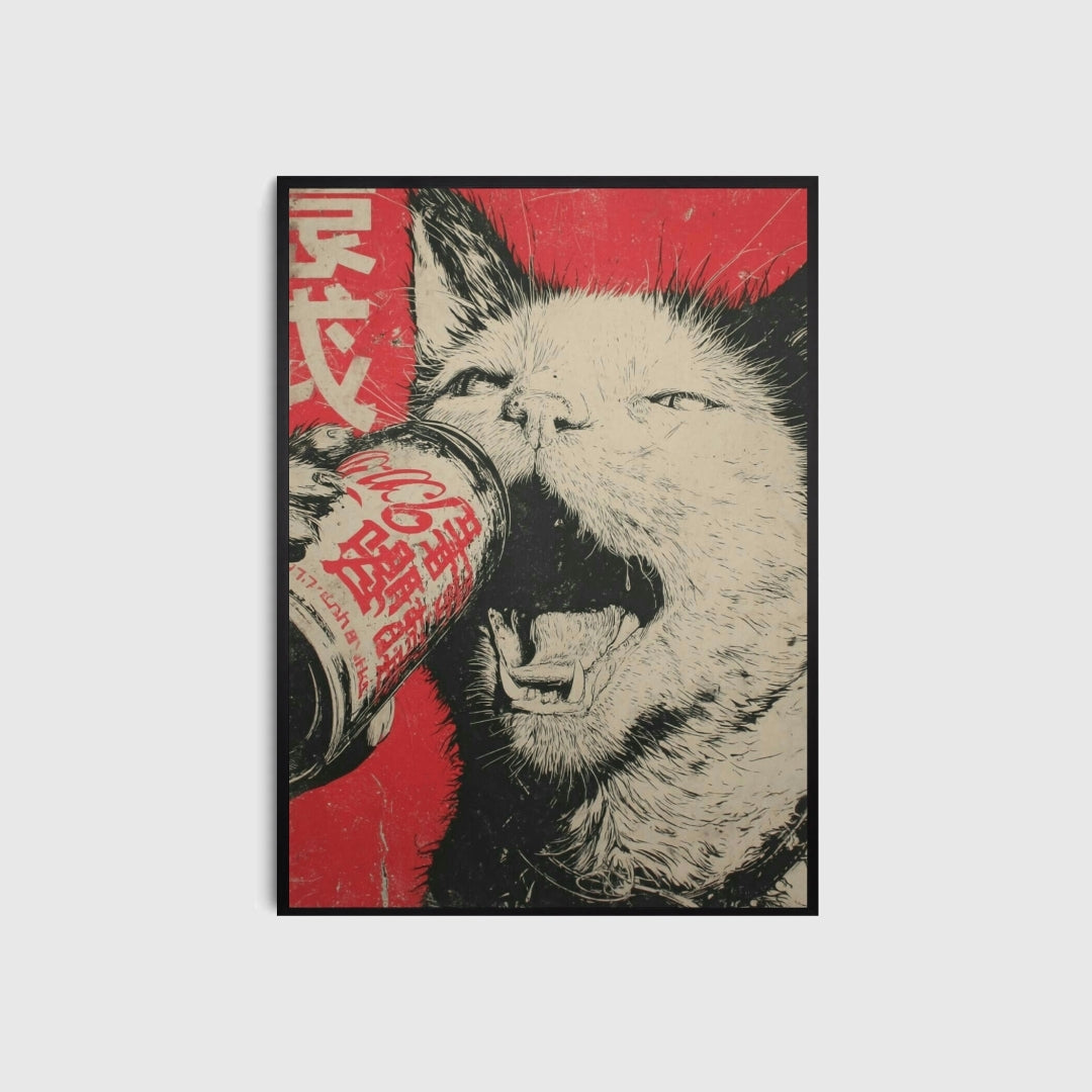 Framed artwork of a stylized cat holding a can with Japanese text on a red background.
