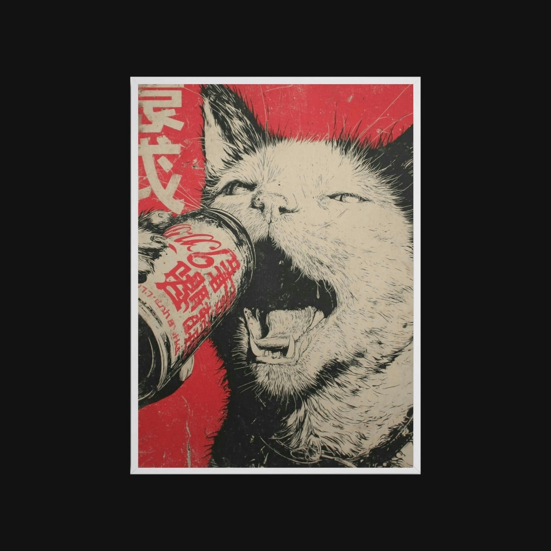 Illustration of a cat drinking from a Coca-Cola can on a red background