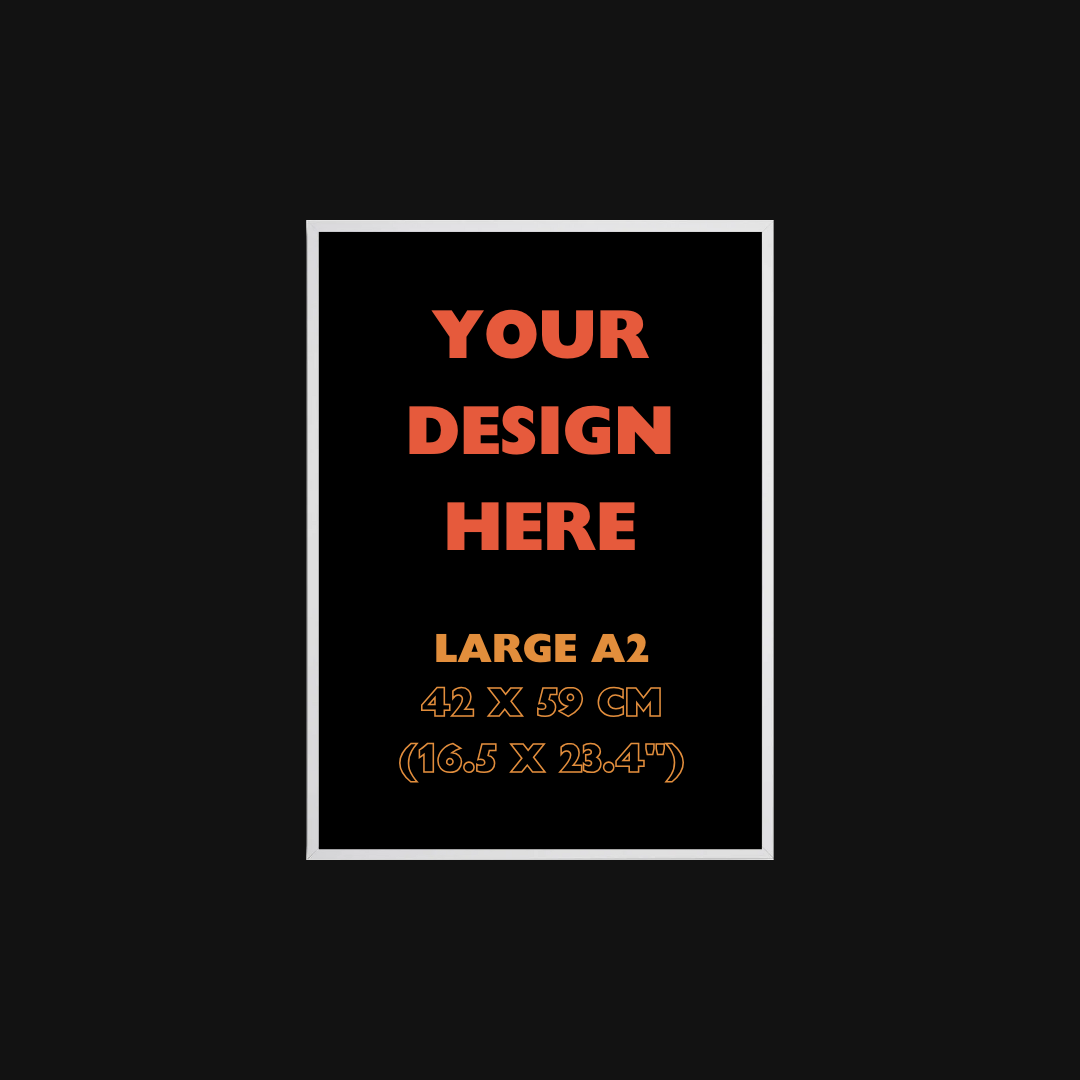 Placeholder design with text 'Your Design Here' and dimensions on a black background
