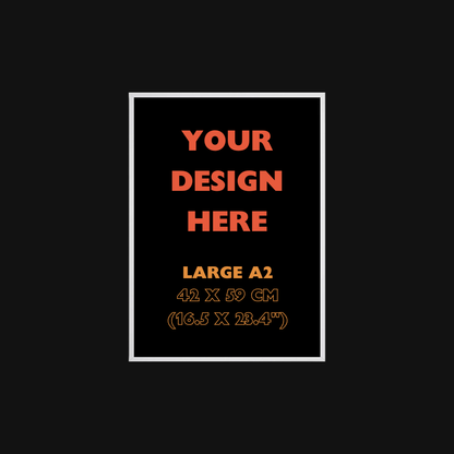 Placeholder design with text 'Your Design Here' and dimensions on a black background