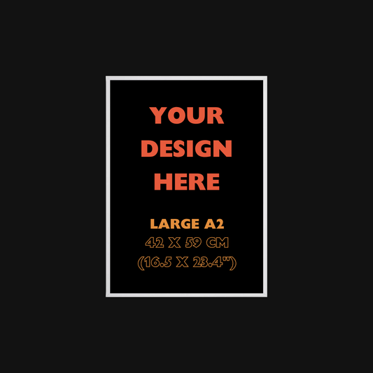 Placeholder design with text 'Your Design Here' and dimensions on a black background