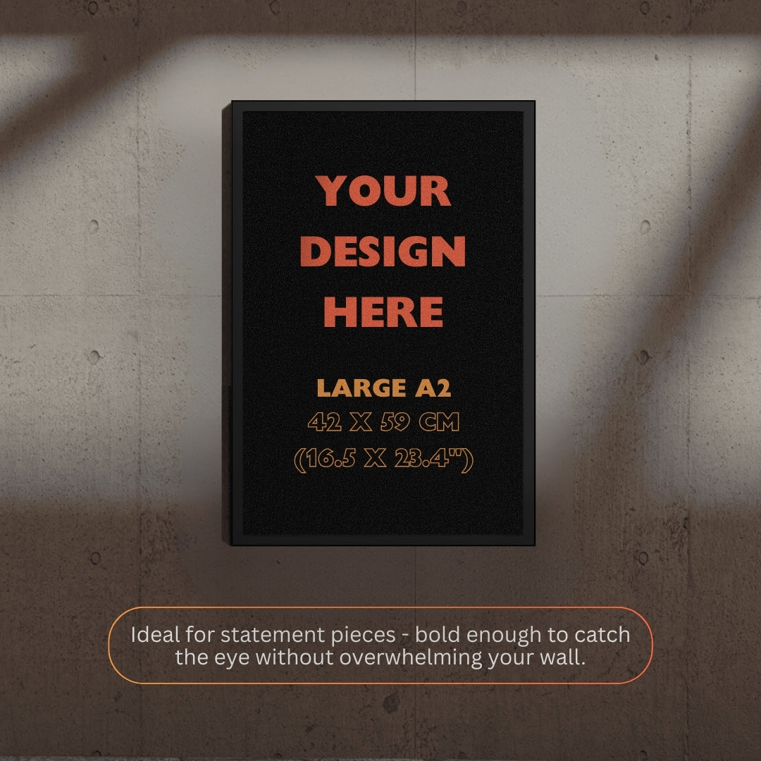 Framed poster with text 'Your Design Here' on a textured wall.
