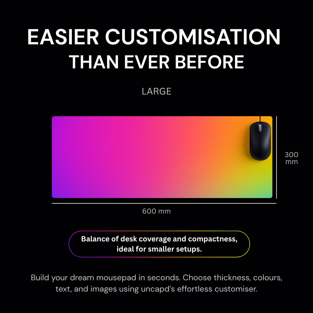 Colorful mouse pad with a mouse on a black background, showcasing customizable features.