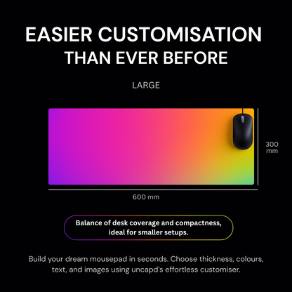 Colorful mouse pad with a mouse on a black background, showcasing customizable features.