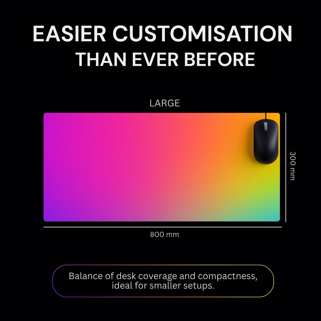 Colorful mouse pad with a gradient design, text indicating easier customisation, and dimensions on a black background.