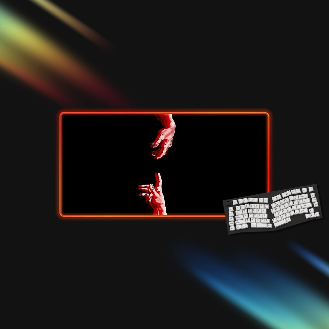 RGB Mousepad with a stylized hand reaching towards it on a dark background, next to a mechanical keyboard.