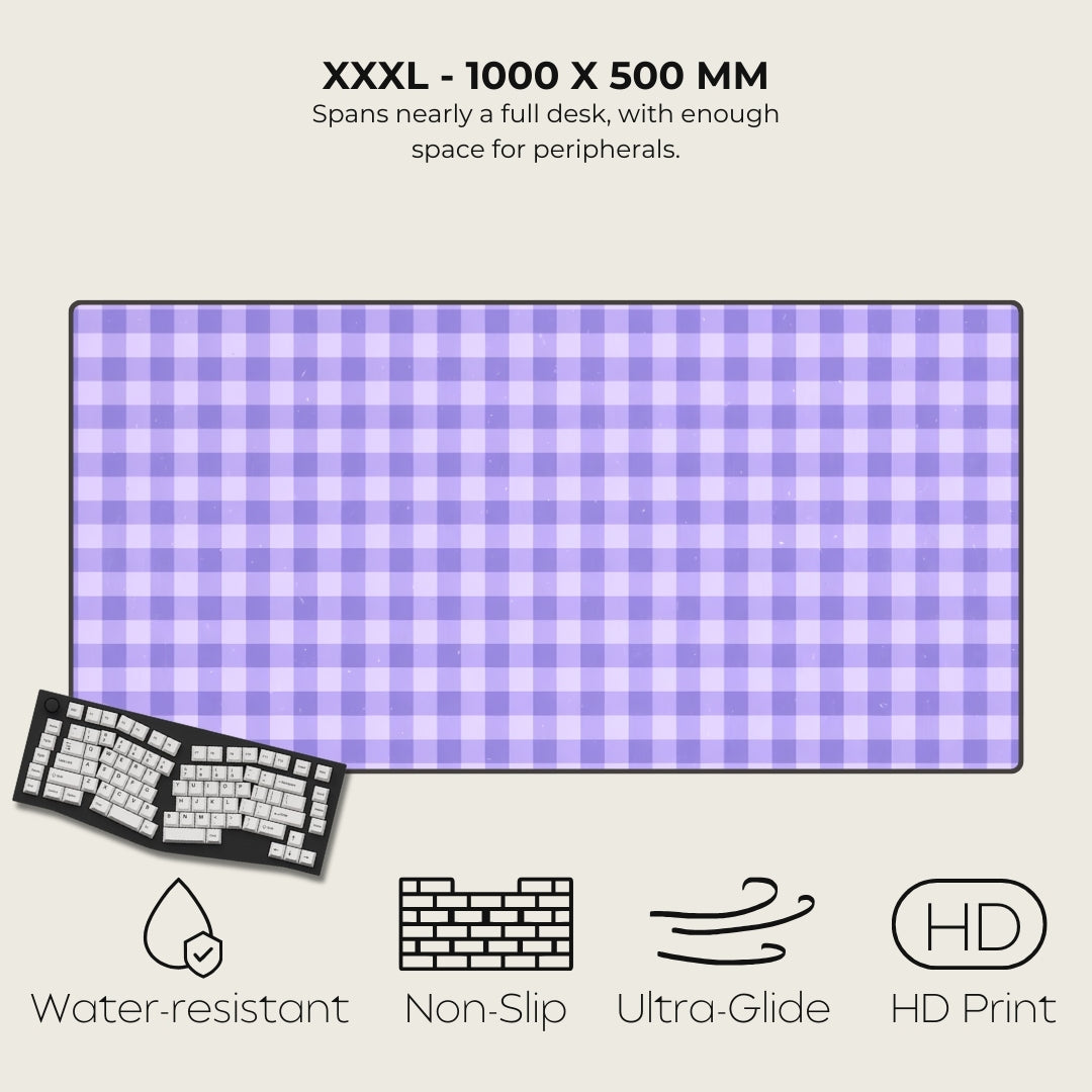 Purple checkered desk mat with dimensions and features on a white background