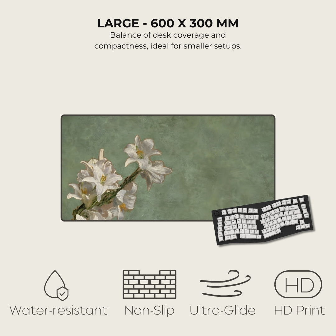 Large desk mat with floral design and keyboard on a light background, featuring text and icons about product features.