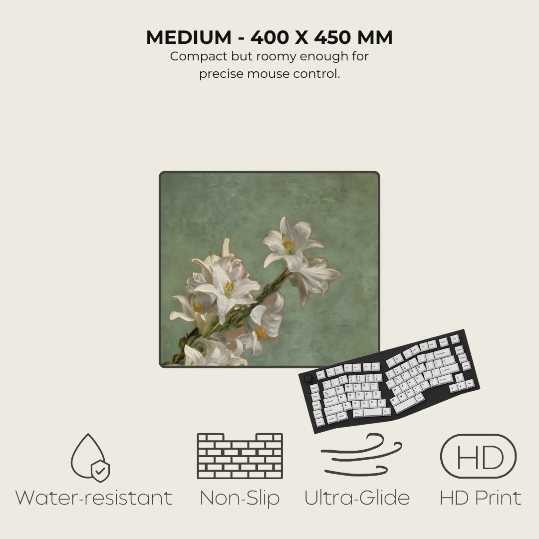 Mouse pad with floral design next to a keyboard, featuring text and icons on a light gray background.