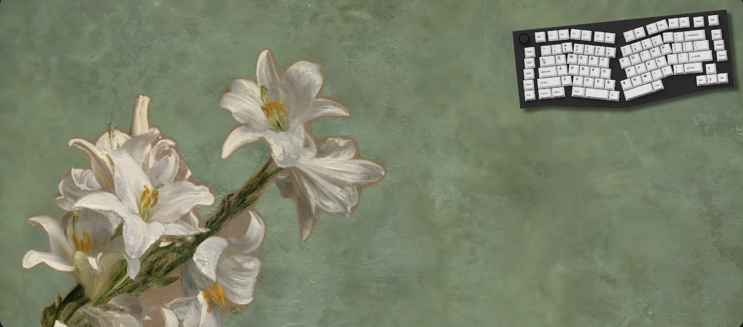 White flowers on a green textured background with a keyboard in the corner.