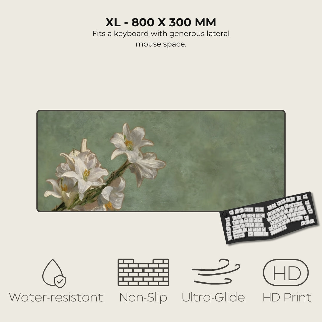 Large mouse pad with floral design and keyboard on a light beige background
