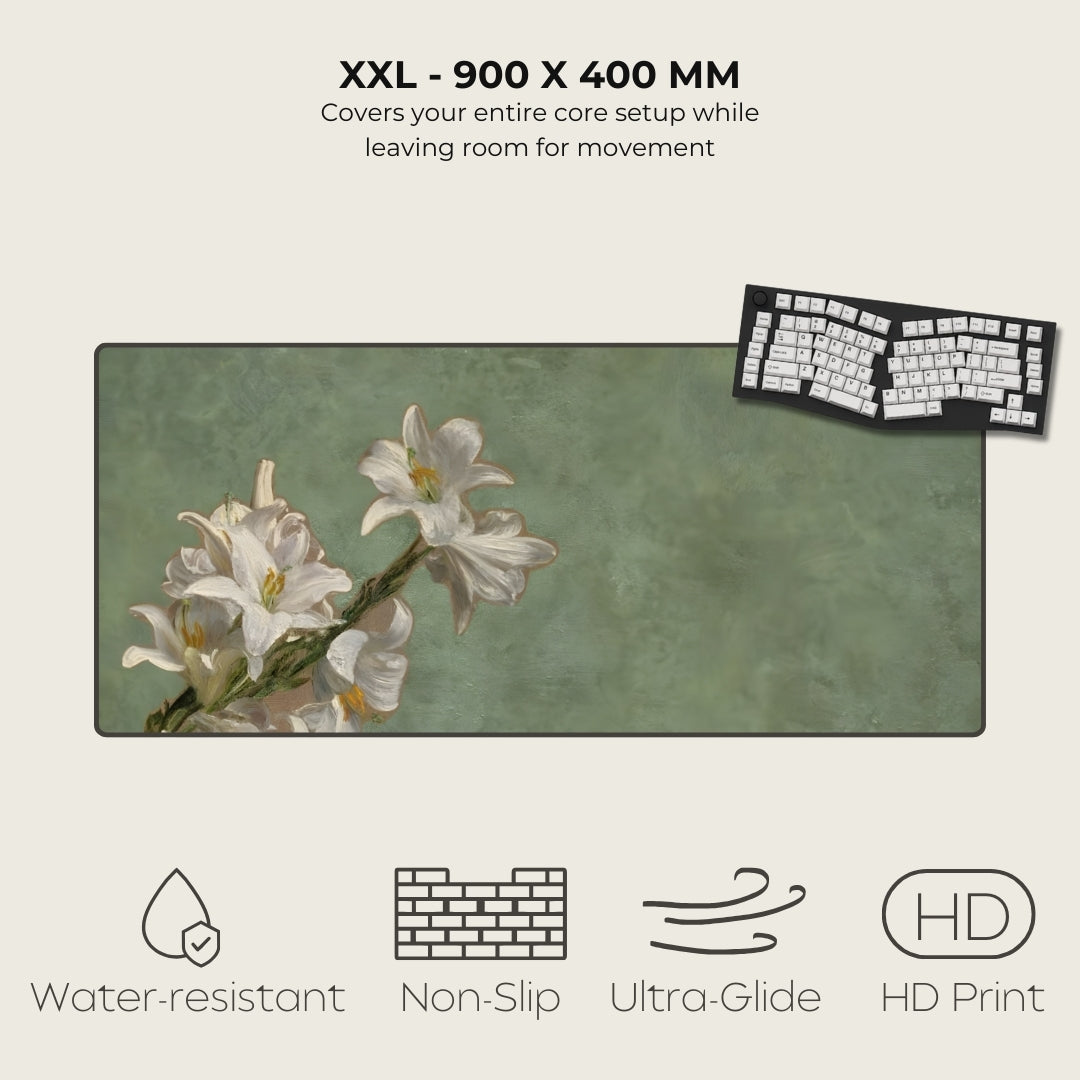 Large desk mat with floral design and keyboard illustration, featuring product specifications and features.