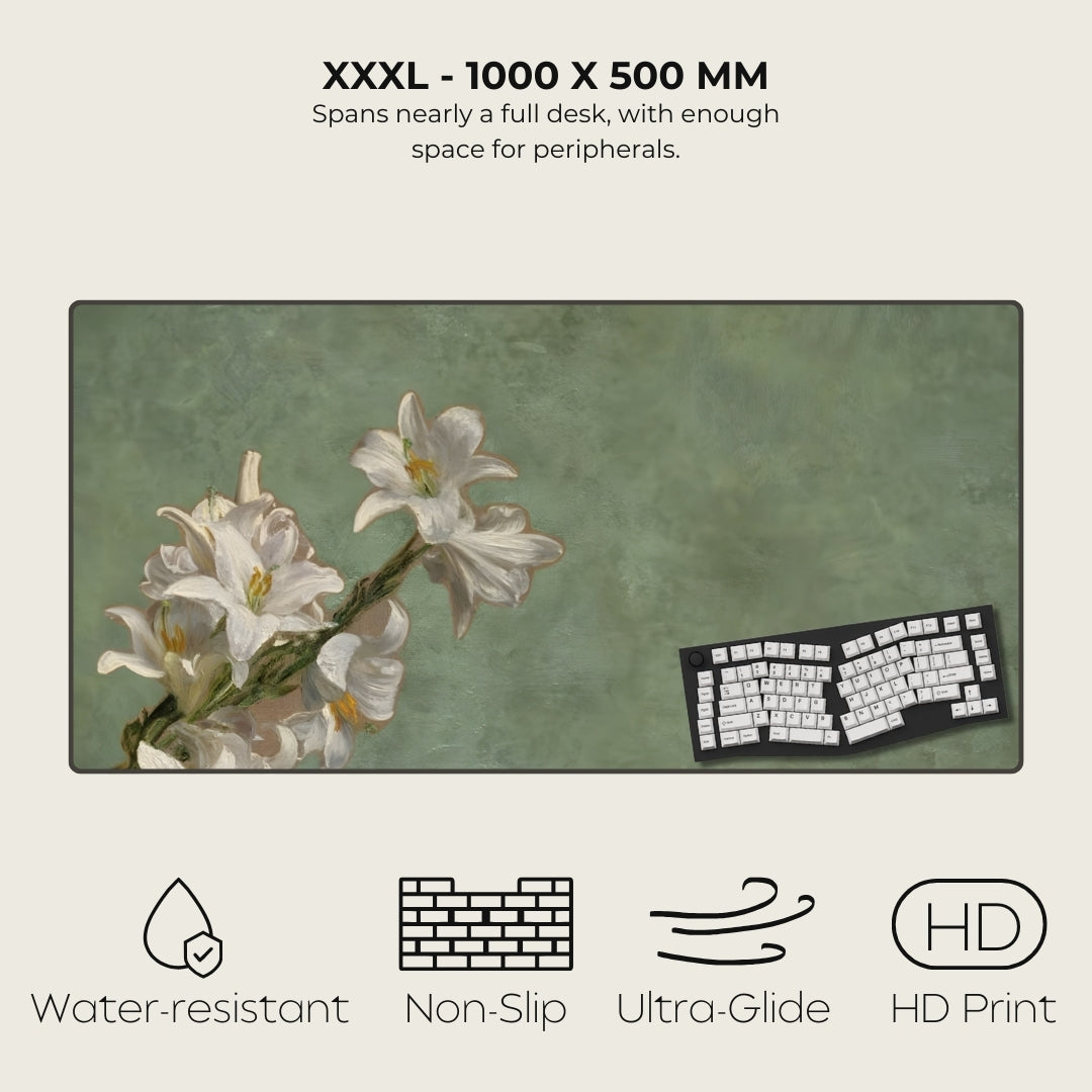 Large desk mat with floral design and keyboard, featuring text and icons indicating product features.