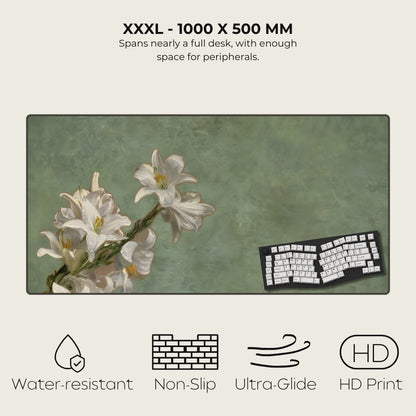 Large desk mat with floral design and keyboard, featuring text and icons indicating product features.