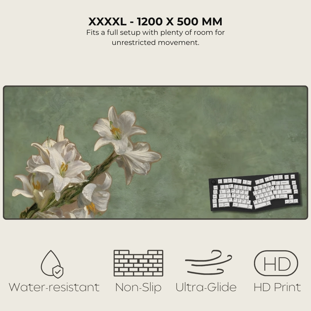 Large desk mat with floral design and keyboard, featuring text and icons indicating product features.