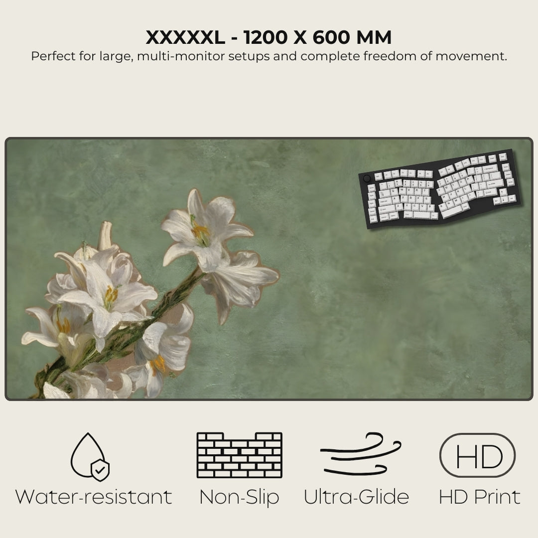 Large desk mat with flowers and keyboard, featuring text and icons indicating product features.