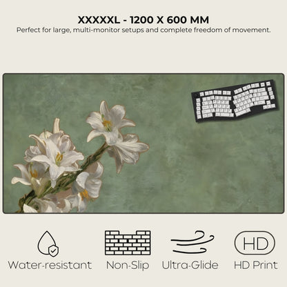 Large desk mat with flowers and keyboard, featuring text and icons indicating product features.