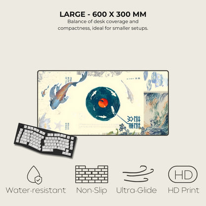 Large desk mat with artistic design, keyboard on the left, text about size and features on the right.