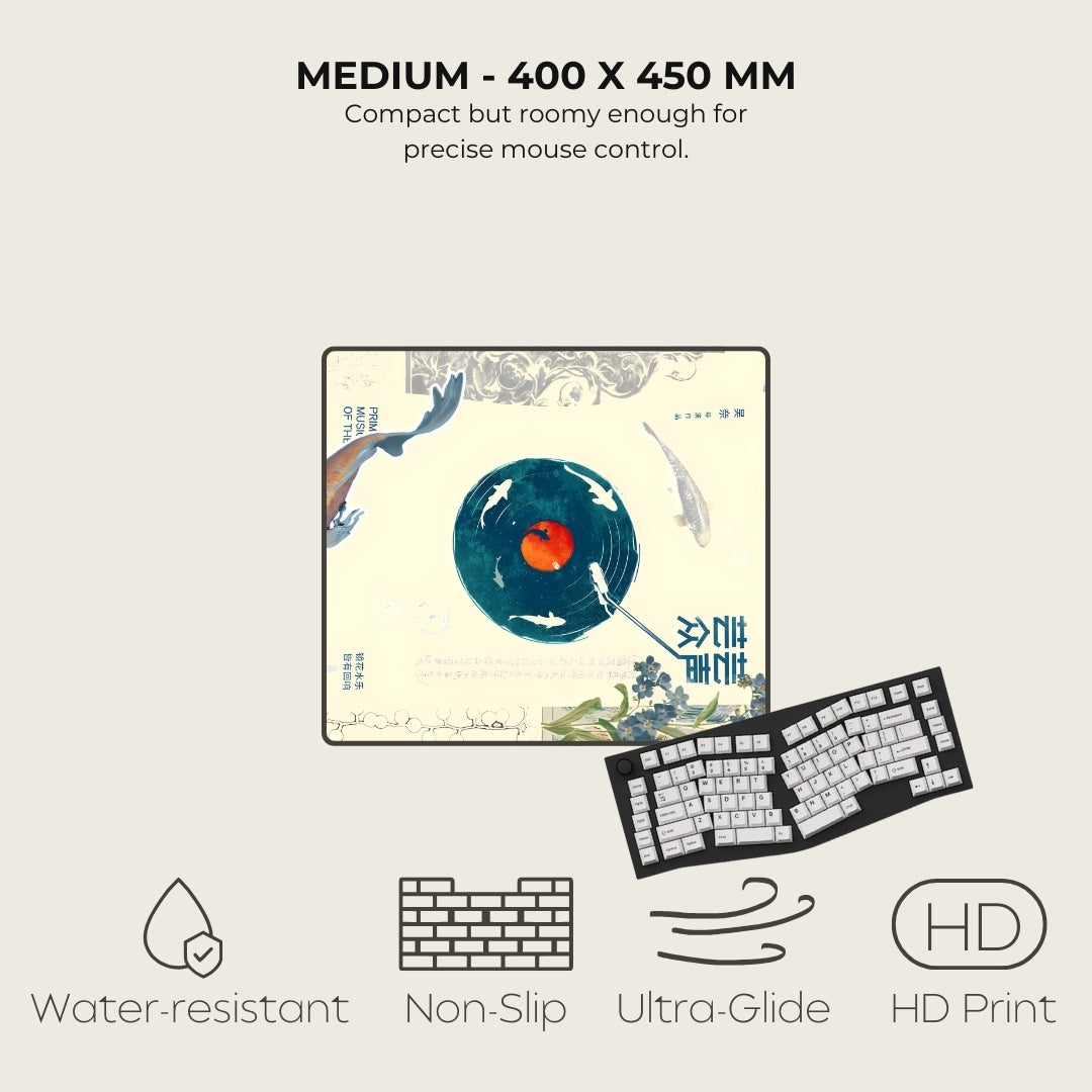 Mouse pad with artistic design and keyboard, featuring text on size and features.