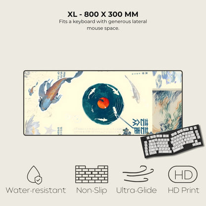 Large mouse pad with artistic design and keyboard on a light gray background