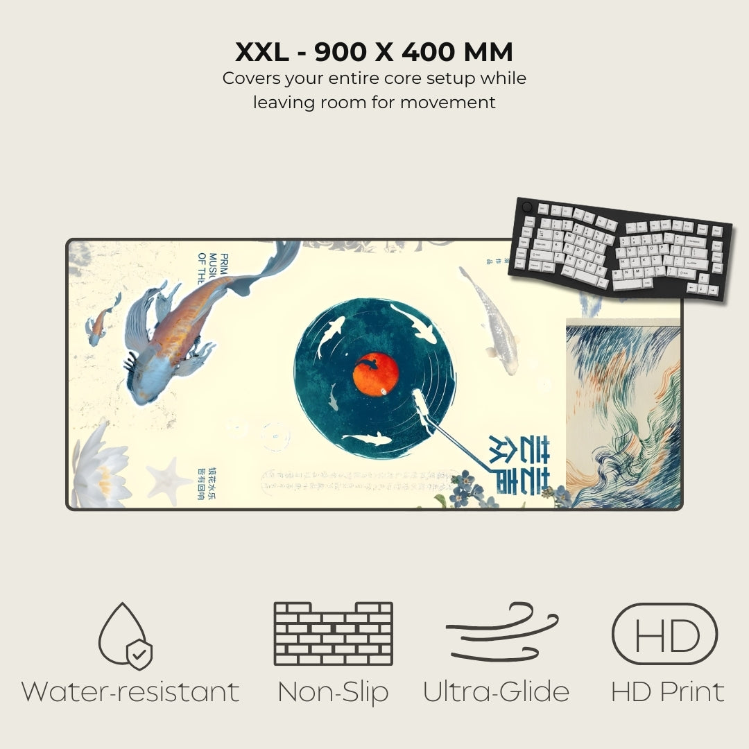 Large mouse pad with artistic design, keyboard, and text on a white background