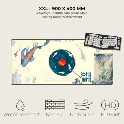 Large mouse pad with artistic design, keyboard, and text on a white background