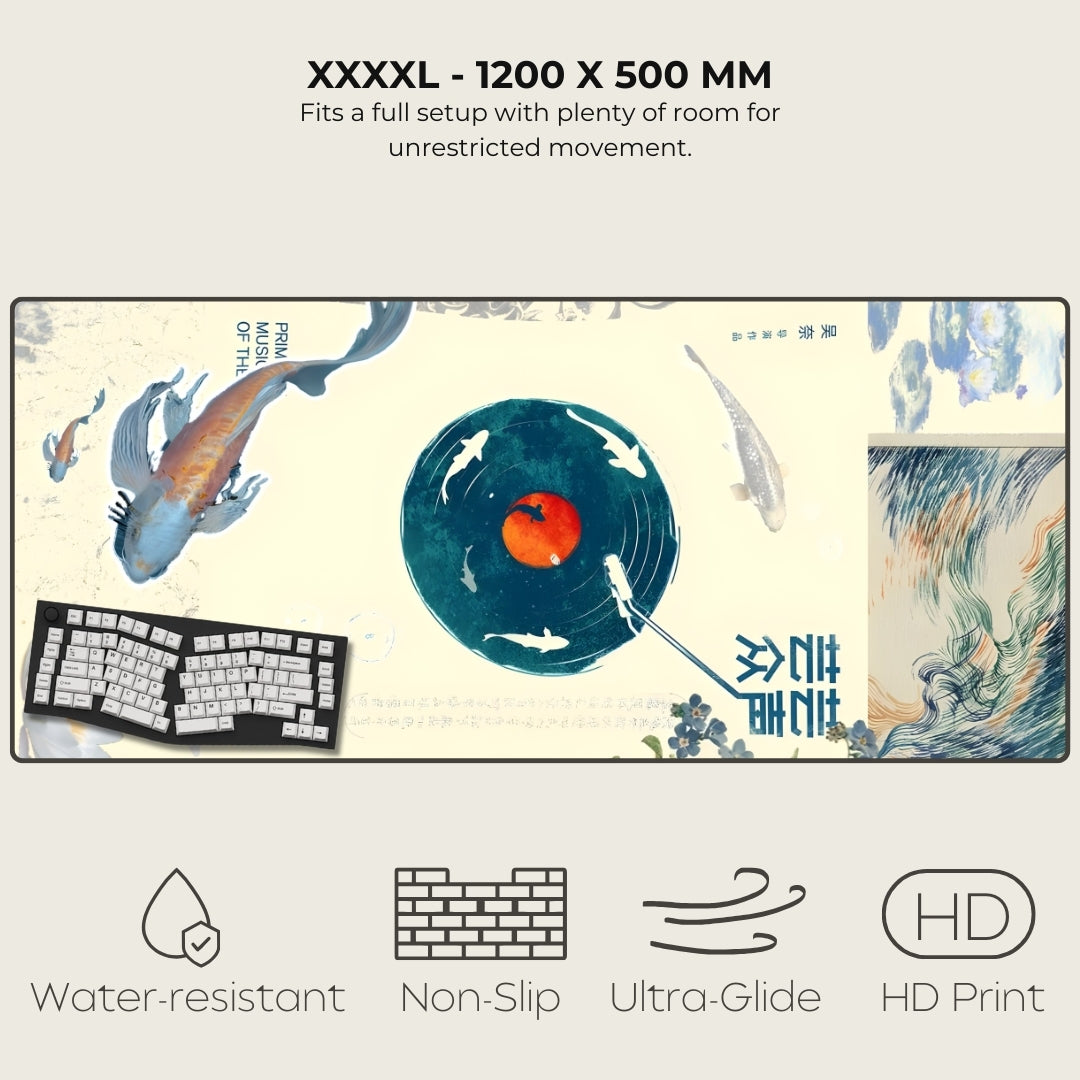 Large mouse pad with artistic design featuring fish and a disc, with text and product features displayed.