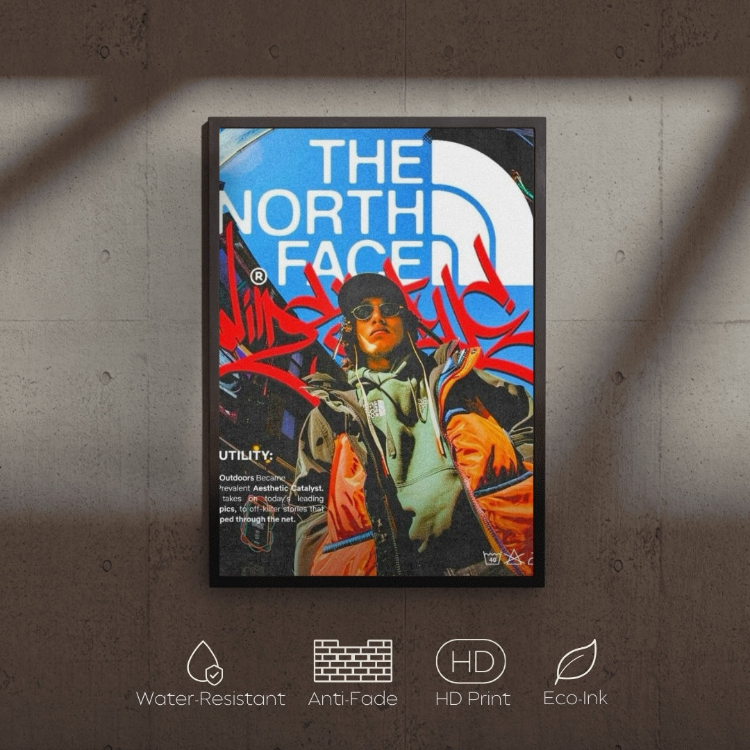 The North Face poster with a stylized graphic design on a textured wall.