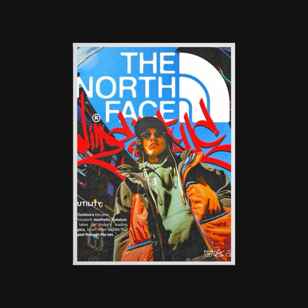 The North Face advertisement with a person wearing outdoor gear against a colorful background